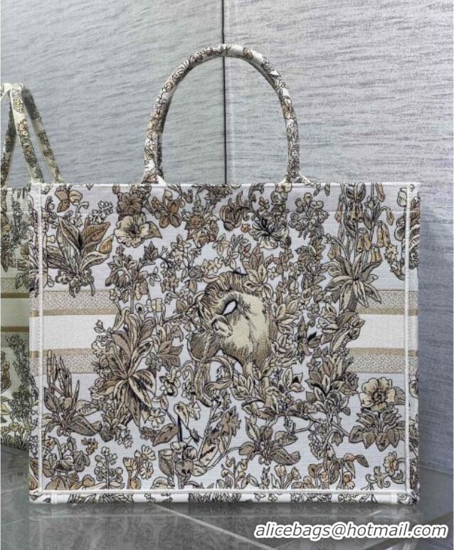 Luxurious Dior Large Book Tote Bag in Latte White Embroidery with Gold-Tone Millefiori Unicorn Motif 8000 2025