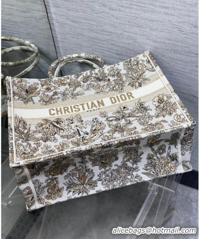 Luxurious Dior Large Book Tote Bag in Latte White Embroidery with Gold-Tone Millefiori Unicorn Motif 8000 2025