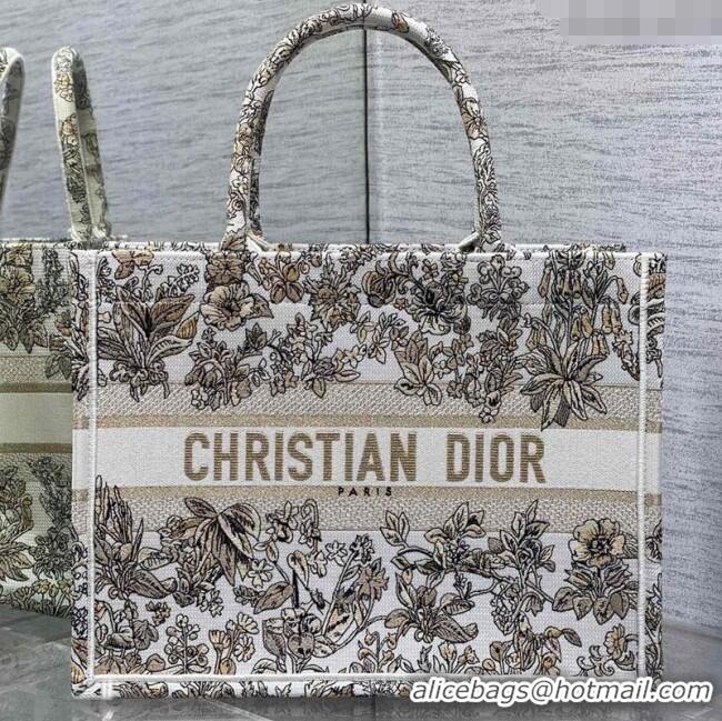 New Design Dior Medium Book Tote Bag in Latte White Embroidery with Gold-Tone Millefiori Unicorn Motif 8001 2025