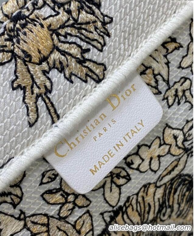 New Design Dior Medium Book Tote Bag in Latte White Embroidery with Gold-Tone Millefiori Unicorn Motif 8001 2025