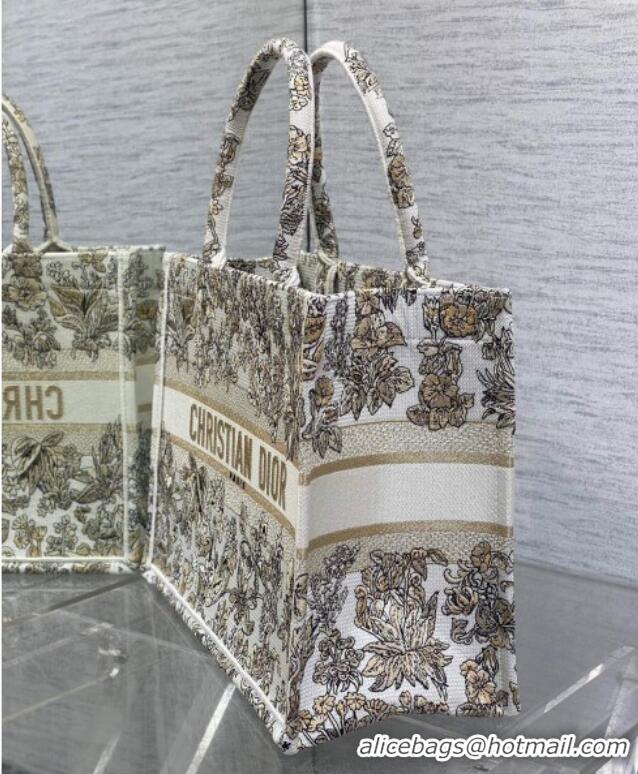 New Design Dior Medium Book Tote Bag in Latte White Embroidery with Gold-Tone Millefiori Unicorn Motif 8001 2025