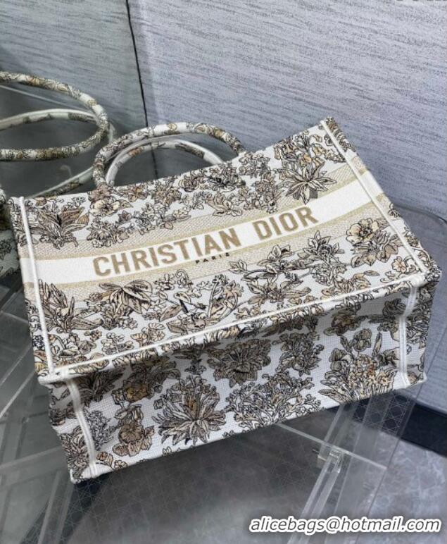 New Design Dior Medium Book Tote Bag in Latte White Embroidery with Gold-Tone Millefiori Unicorn Motif 8001 2025