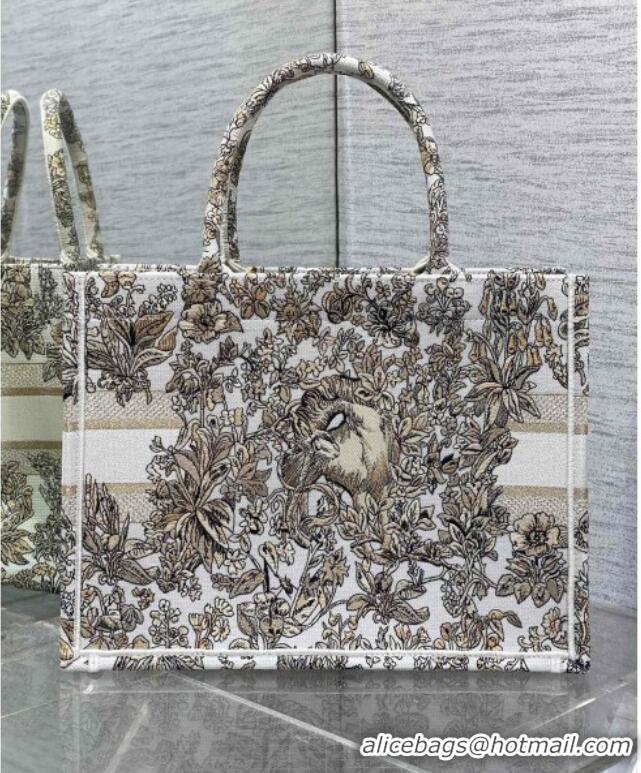 New Design Dior Medium Book Tote Bag in Latte White Embroidery with Gold-Tone Millefiori Unicorn Motif 8001 2025