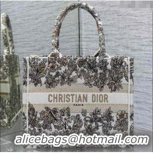 Top Quality Dior Small Book Tote Bag in Latte White Embroidery with Gold-Tone Millefiori Unicorn Motif 8002 2025