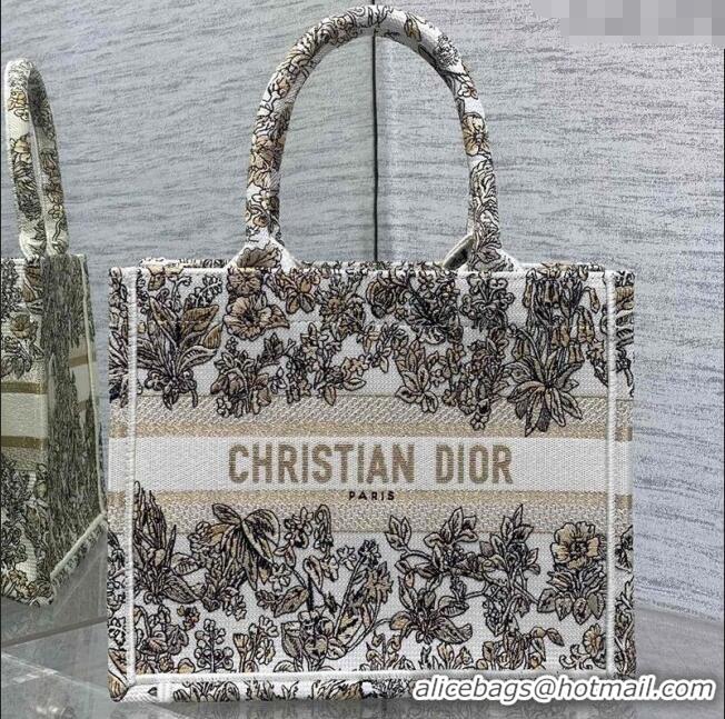 Top Quality Dior Small Book Tote Bag in Latte White Embroidery with Gold-Tone Millefiori Unicorn Motif 8002 2025