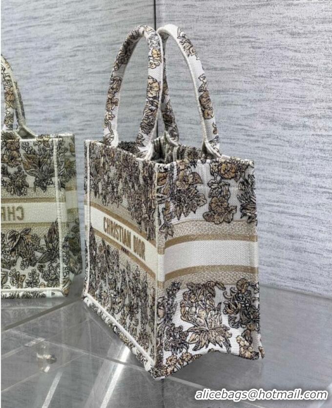 Top Quality Dior Small Book Tote Bag in Latte White Embroidery with Gold-Tone Millefiori Unicorn Motif 8002 2025