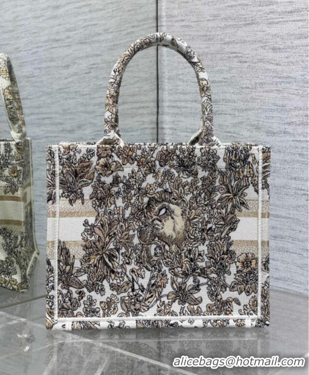 Top Quality Dior Small Book Tote Bag in Latte White Embroidery with Gold-Tone Millefiori Unicorn Motif 8002 2025