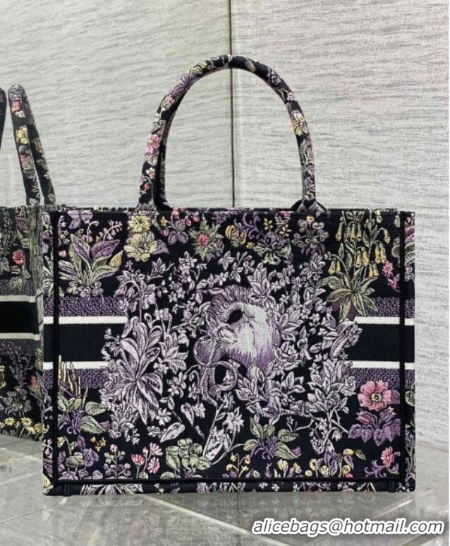 Top Grade Dior Medium Book Tote Bag in Embroidery with Multicolor Millefiori Unicorn Motif 8001 Black 2025