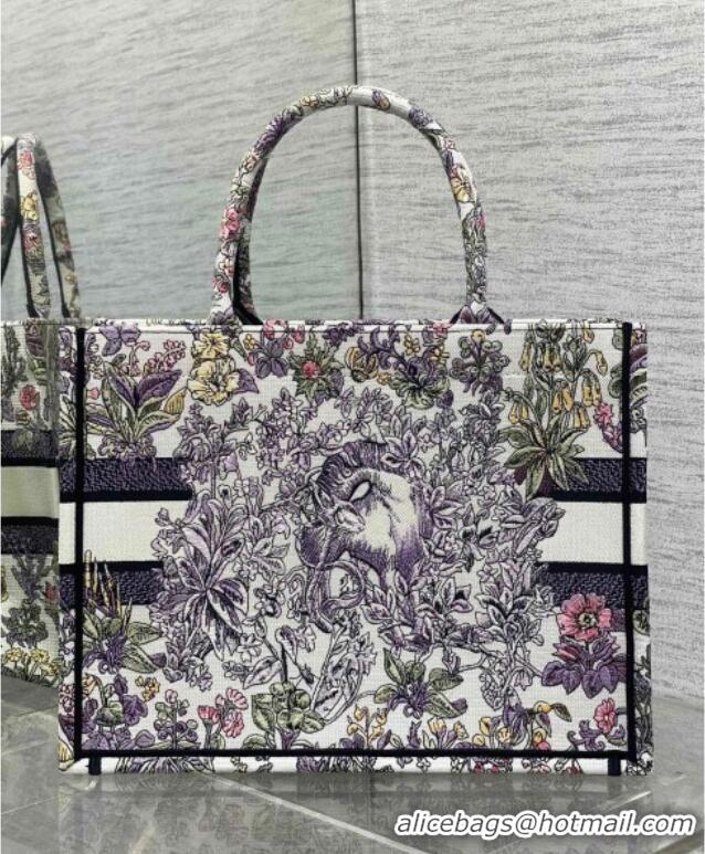 Luxury Discount Dior Medium Book Tote Bag in Embroidery with Multicolor Millefiori Unicorn Motif 8001 White/Purple 2025