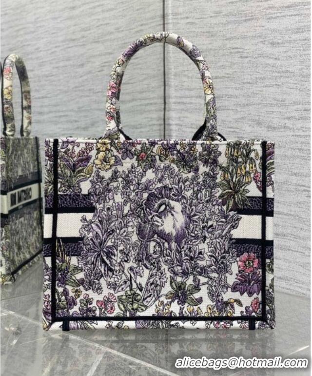 Promotional Dior Small Book Tote Bag in Embroidery with Multicolor Millefiori Unicorn Motif 8002 White/Purple 2025