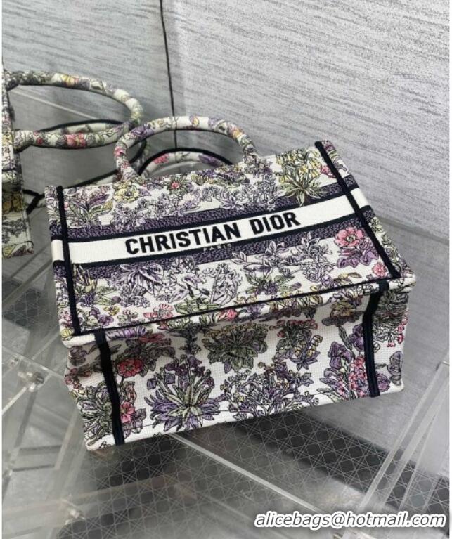 Promotional Dior Small Book Tote Bag in Embroidery with Multicolor Millefiori Unicorn Motif 8002 White/Purple 2025