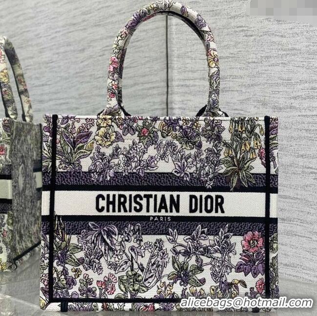 Promotional Dior Small Book Tote Bag in Embroidery with Multicolor Millefiori Unicorn Motif 8002 White/Purple 2025