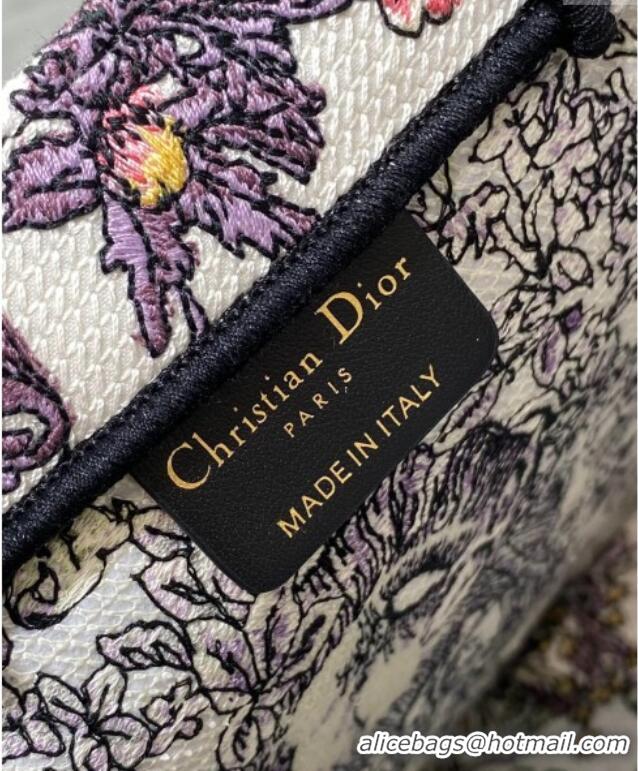 Promotional Dior Small Book Tote Bag in Embroidery with Multicolor Millefiori Unicorn Motif 8002 White/Purple 2025