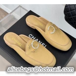 Good Quality Chanel Lambskin Flat Mules with Strass and Chain CC G46157 Yellow 0102100