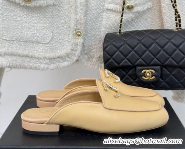 Good Quality Chanel Lambskin Flat Mules with Strass and Chain CC G46157 Yellow 0102100