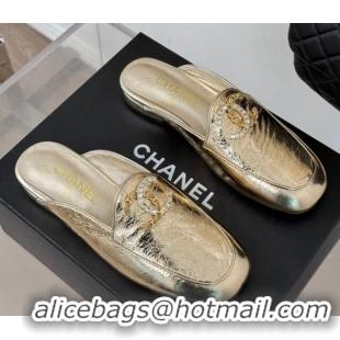 Grade Quality Chanel Shiny Calfskin Flat Mules with Strass and Chain CC G46157 Gold 0102099