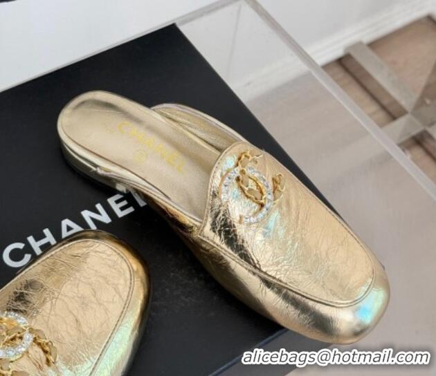 Grade Quality Chanel Shiny Calfskin Flat Mules with Strass and Chain CC G46157 Gold 0102099