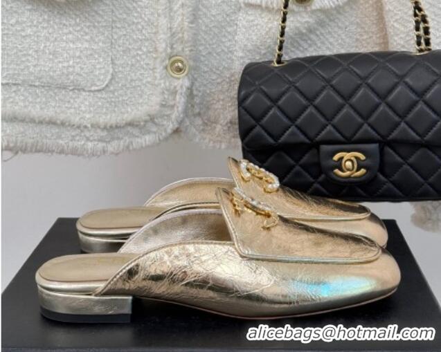 Grade Quality Chanel Shiny Calfskin Flat Mules with Strass and Chain CC G46157 Gold 0102099