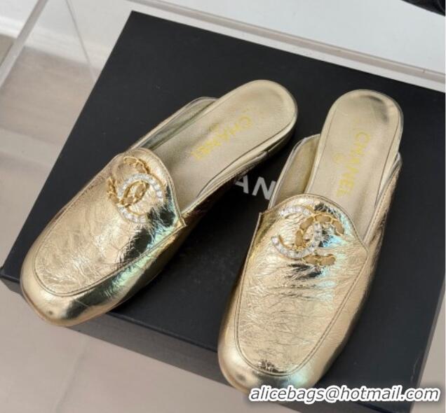 Grade Quality Chanel Shiny Calfskin Flat Mules with Strass and Chain CC G46157 Gold 0102099