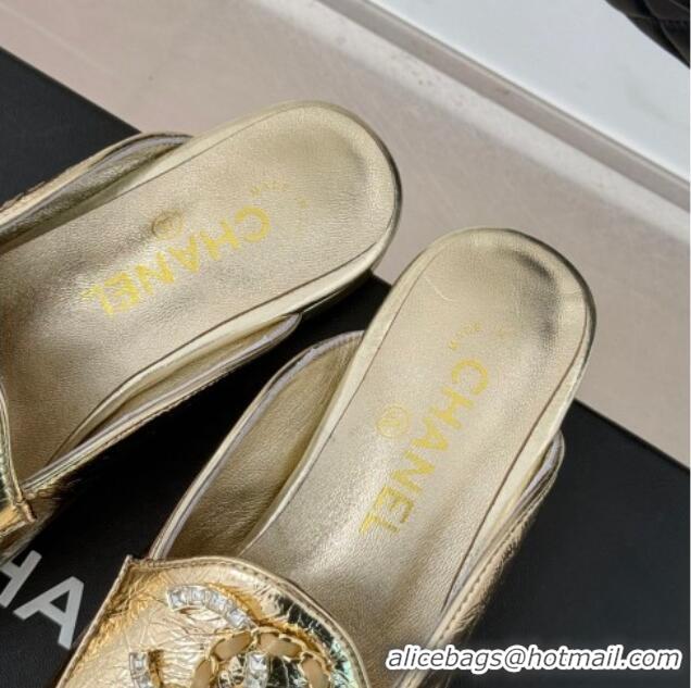 Grade Quality Chanel Shiny Calfskin Flat Mules with Strass and Chain CC G46157 Gold 0102099