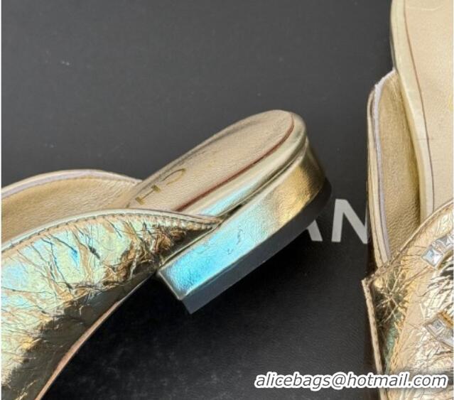 Grade Quality Chanel Shiny Calfskin Flat Mules with Strass and Chain CC G46157 Gold 0102099