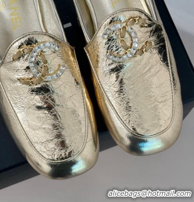 Grade Quality Chanel Shiny Calfskin Flat Mules with Strass and Chain CC G46157 Gold 0102099