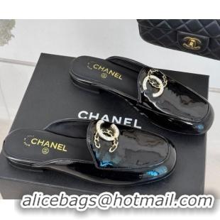 Top Design Chanel Patent Calfskin Flat Mules with Strass and Chain CC G46157 Black 0102101