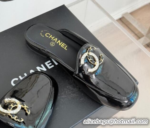 Top Design Chanel Patent Calfskin Flat Mules with Strass and Chain CC G46157 Black 0102101