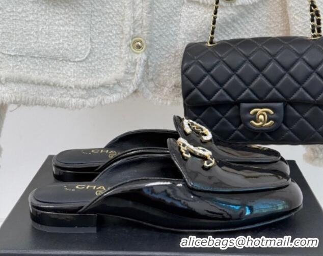 Top Design Chanel Patent Calfskin Flat Mules with Strass and Chain CC G46157 Black 0102101