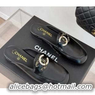 Cheap Price Chanel Shiny Calfskin Flat Mules with Strass and Chain CC G46157 Black 0102102