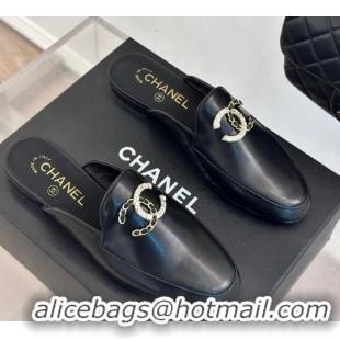 Charming Chanel Lambskin Flat Mules with Strass and Chain CC G46157 Black 0102103