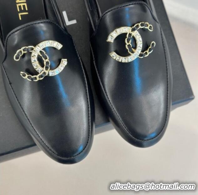 Charming Chanel Lambskin Flat Mules with Strass and Chain CC G46157 Black 0102103