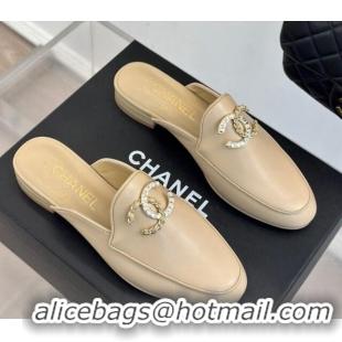 Good Looking Chanel Lambskin Flat Mules with Strass and Chain CC G46157 Beige 0102104