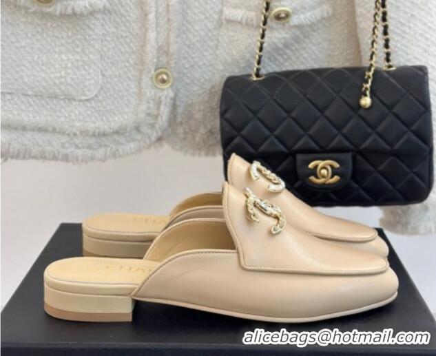 Good Looking Chanel Lambskin Flat Mules with Strass and Chain CC G46157 Beige 0102104