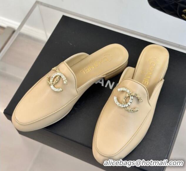 Good Looking Chanel Lambskin Flat Mules with Strass and Chain CC G46157 Beige 0102104