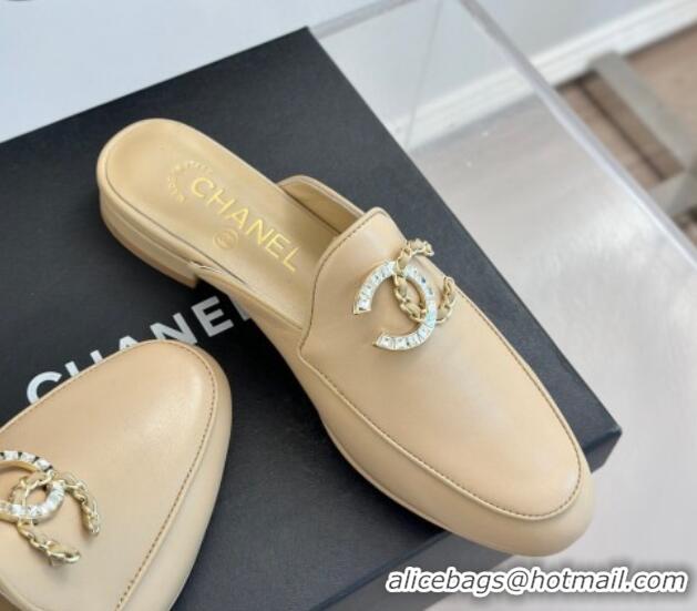 Good Looking Chanel Lambskin Flat Mules with Strass and Chain CC G46157 Beige 0102104