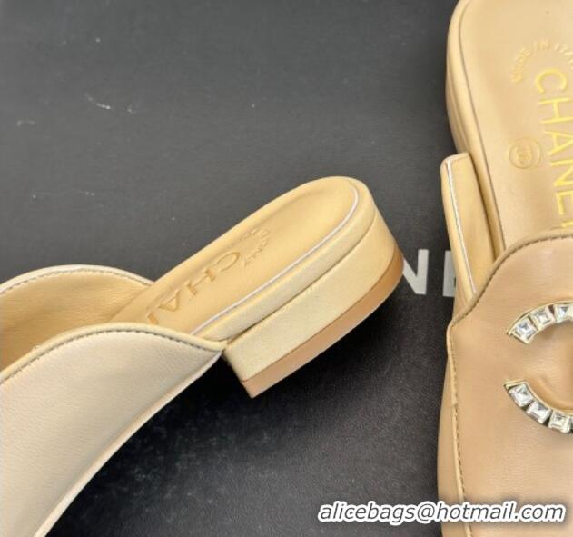 Good Looking Chanel Lambskin Flat Mules with Strass and Chain CC G46157 Beige 0102104