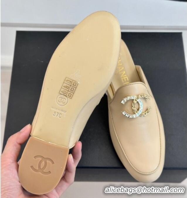 Good Looking Chanel Lambskin Flat Mules with Strass and Chain CC G46157 Beige 0102104