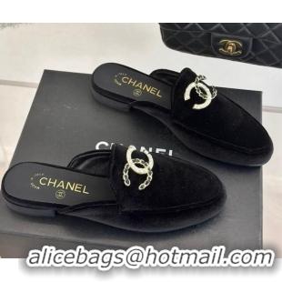 Unique Style Chanel Velvet Flat Mules with Strass and Chain CC G46157 Black 0102105