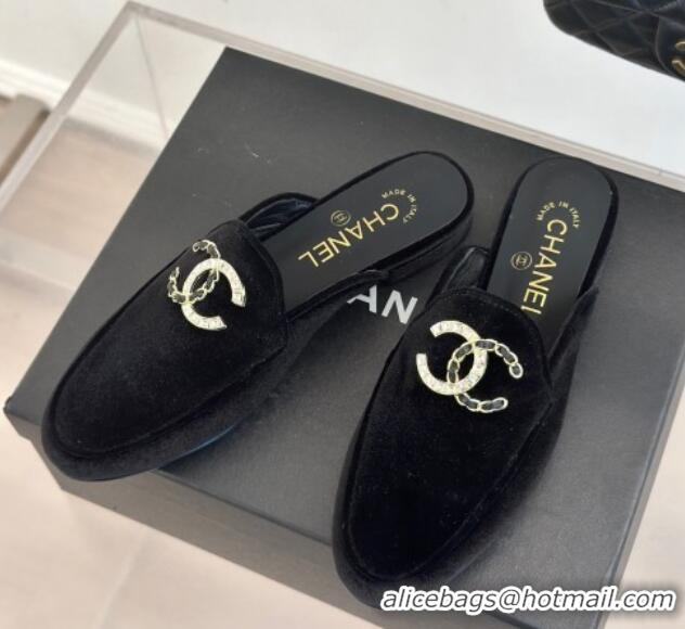 Unique Style Chanel Velvet Flat Mules with Strass and Chain CC G46157 Black 0102105