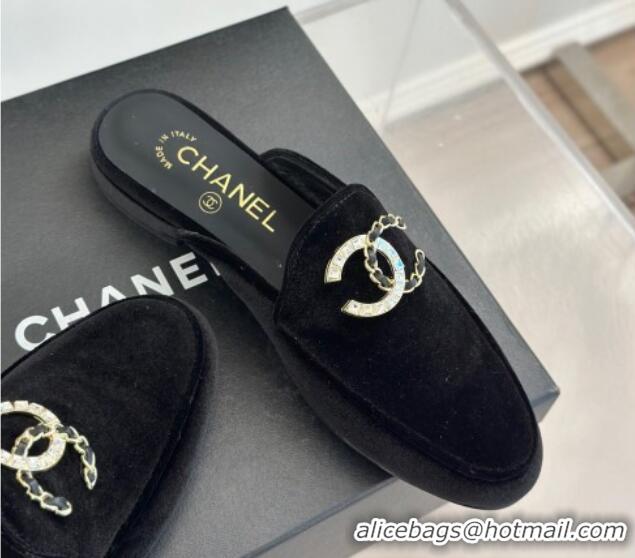 Unique Style Chanel Velvet Flat Mules with Strass and Chain CC G46157 Black 0102105