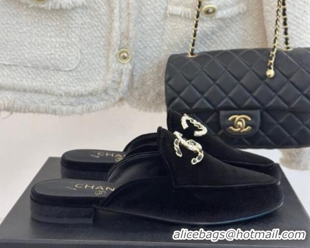 Unique Style Chanel Velvet Flat Mules with Strass and Chain CC G46157 Black 0102105