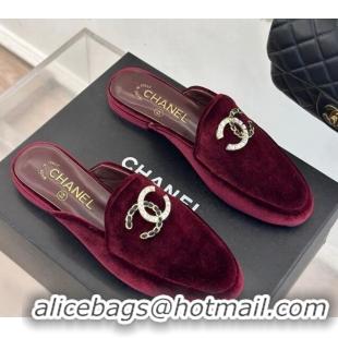 Best Product Chanel Velvet Flat Mules with Strass and Chain CC G46157 Dark Burgundy 0102106