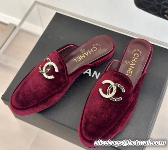 Best Product Chanel Velvet Flat Mules with Strass and Chain CC G46157 Dark Burgundy 0102106