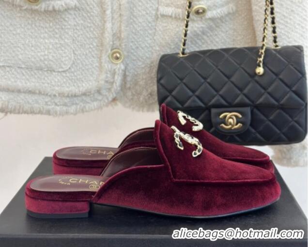 Best Product Chanel Velvet Flat Mules with Strass and Chain CC G46157 Dark Burgundy 0102106