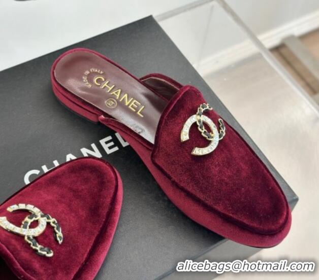 Best Product Chanel Velvet Flat Mules with Strass and Chain CC G46157 Dark Burgundy 0102106