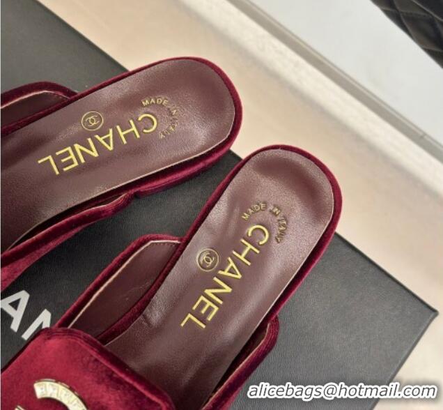 Best Product Chanel Velvet Flat Mules with Strass and Chain CC G46157 Dark Burgundy 0102106