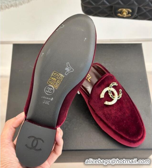 Best Product Chanel Velvet Flat Mules with Strass and Chain CC G46157 Dark Burgundy 0102106