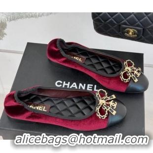 Best Grade Chanel Velvet Ballet Flats with Chain Bow Dark Burgundy 0102107