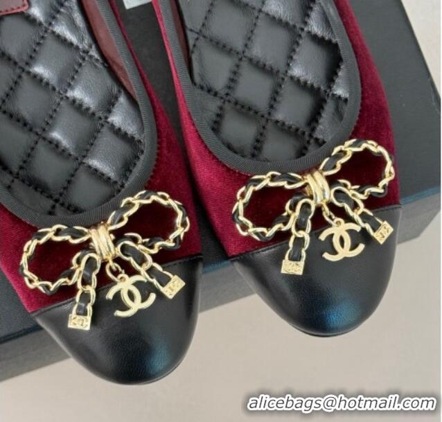 Best Grade Chanel Velvet Ballet Flats with Chain Bow Dark Burgundy 0102107